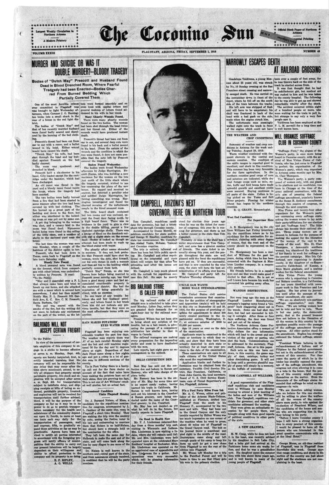 Front page of the Coconino Sun, September 1, 1916, with the Dutch May Prescott headline at top left