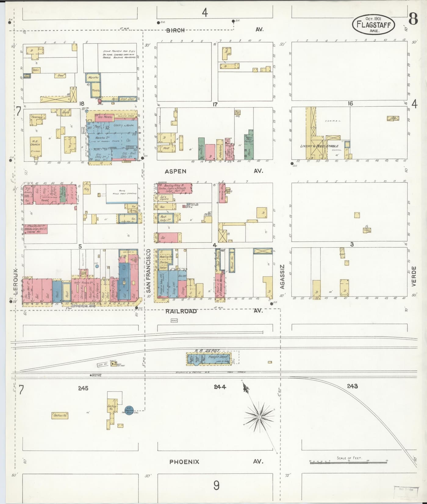Sanborn fire insurance map of Flagstaff, October 1901, sheet 8, with saloons labeled along Railroad Avenue