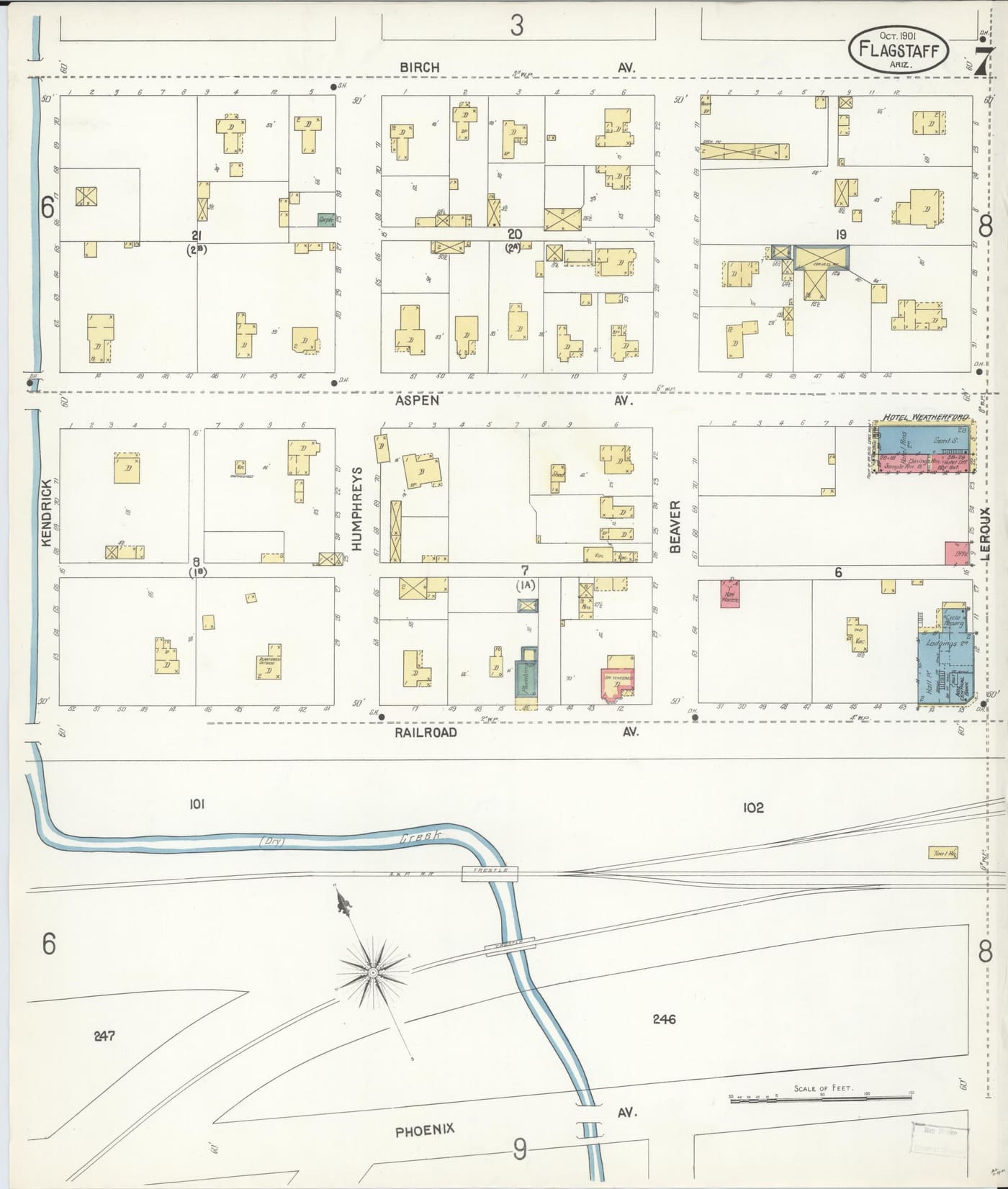 Sanborn fire insurance map of Flagstaff, October 1901, sheet 7, showing the Hotel Weatherford at Aspen Avenue and Leroux Street